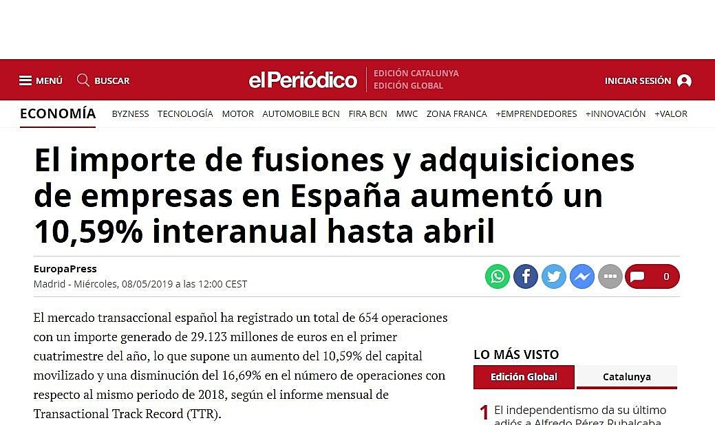 El importe de fusiones y adquisiciones de empresas en Espaa aument un 10,59% interanual hasta abril